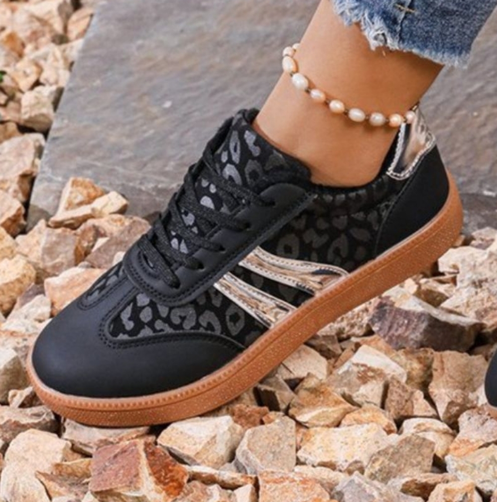 Contrasting Leopard Metallic Lace-up Sneakers Faux Leather Flat Athletic Shoes - Picture 4 of 8